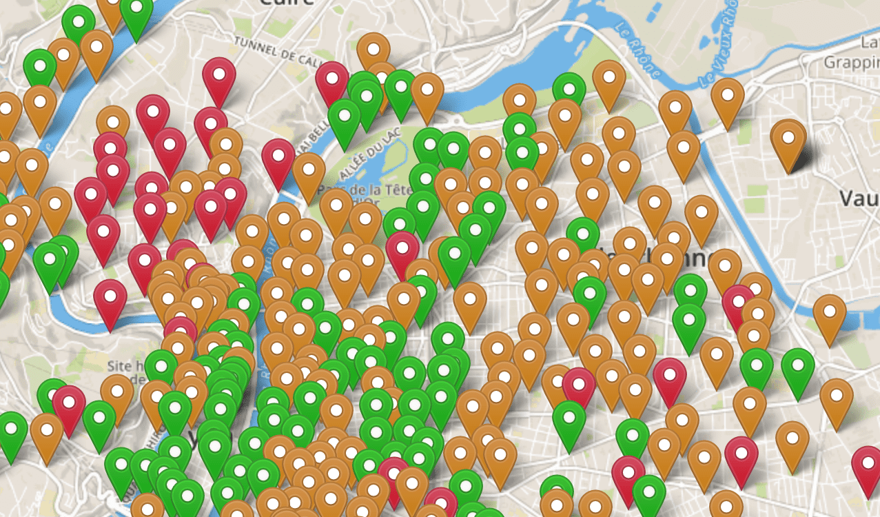 copie d'écran de carte des stations de vélos à Lyon